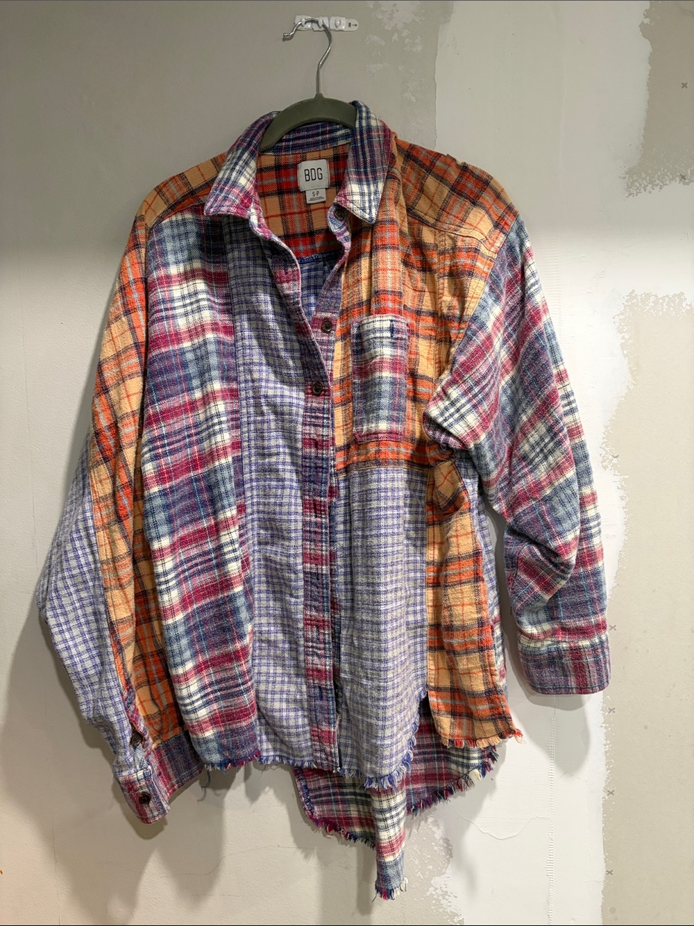 BDG Patchwork Plaid Button-Down Shirt in Orange, Purple, Blue & Cream